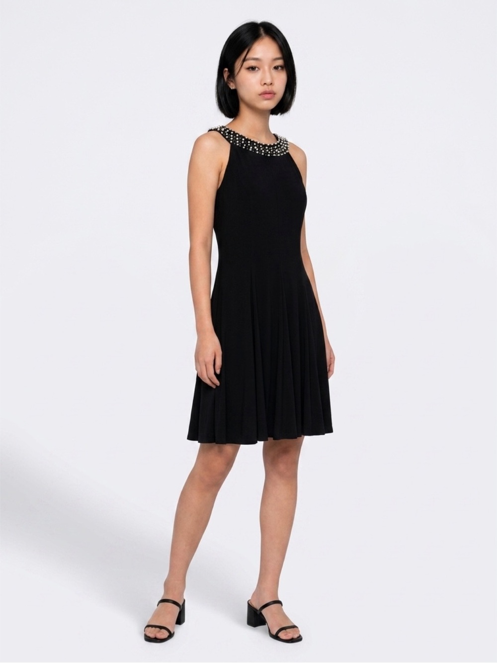 Jessica Howard Embellished Neckline Black Fit-and-Flare Dress